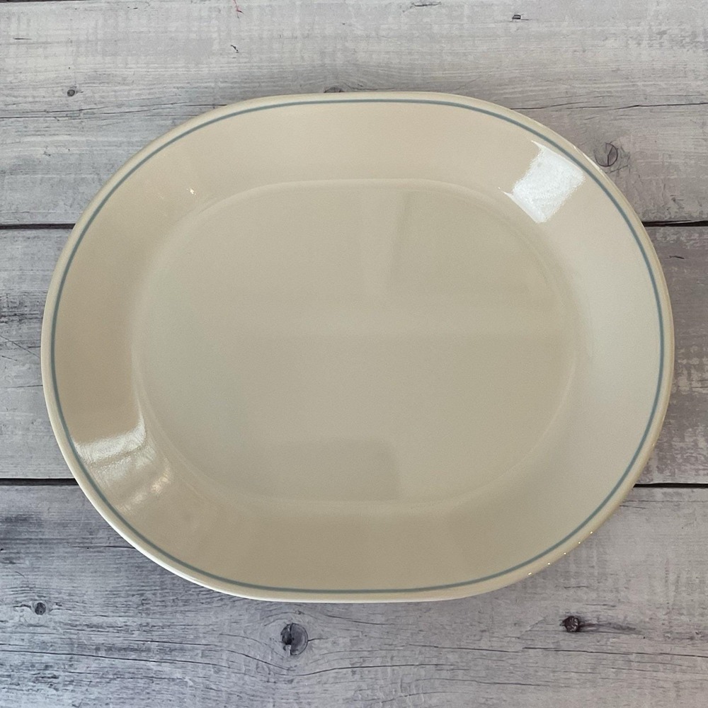 Corelle Corning Serving Platter 12x10" Sandstone Almond Blue Stripe Rim